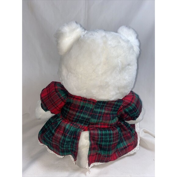 Vintage Jingle Bear Girl Christmas Plush Stuffed White Teddy Bear Holiday Plaid - Picture 4 of 7